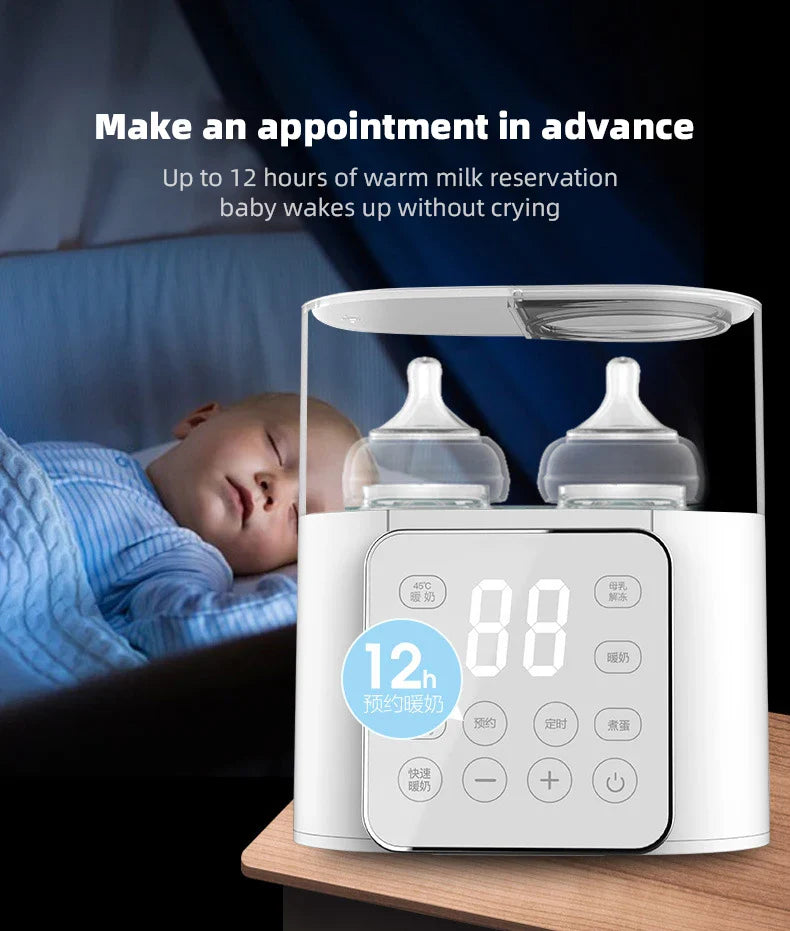 Bottle warmer on a bedside table beside a sleeping baby, with a scheduled-start feature graphic.