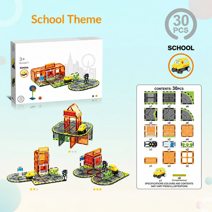 30-piece school magnetic road set with a yellow vehicle and colorful school buildings