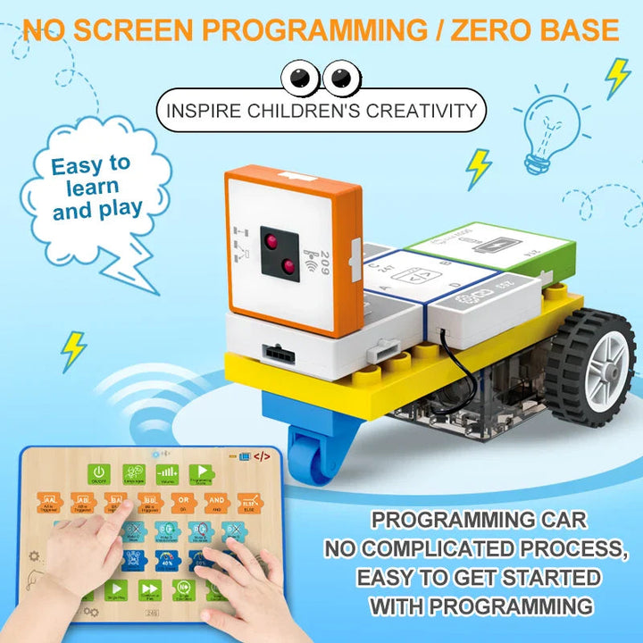 Wheeled electronic block robot with a hands-on programming board for screen-free coding