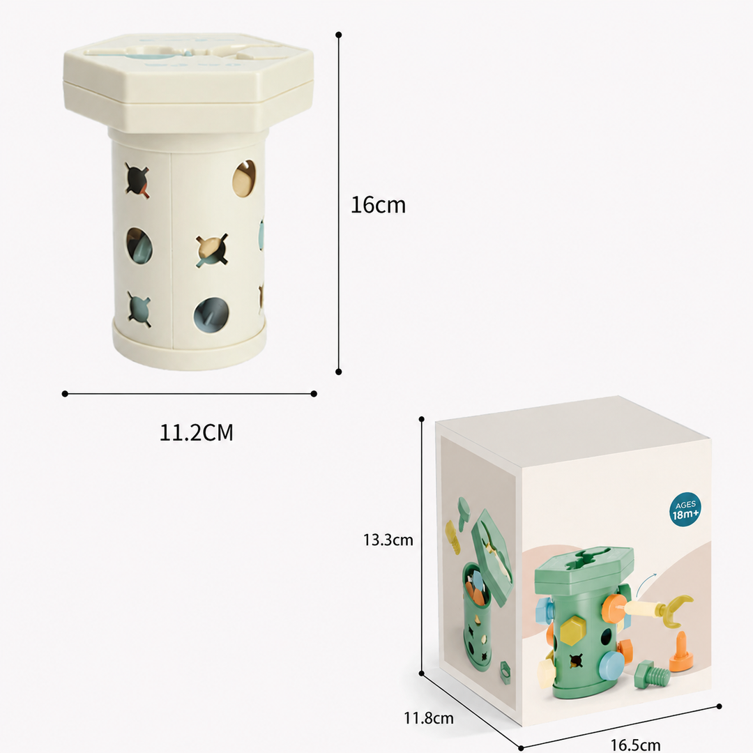 Measurement diagram showing the activity cylinder and retail box with labeled dimensions.