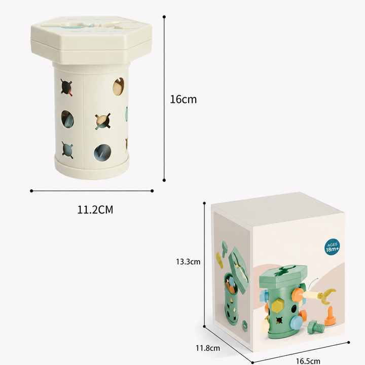Measurement diagram showing the activity cylinder and retail box with labeled dimensions.