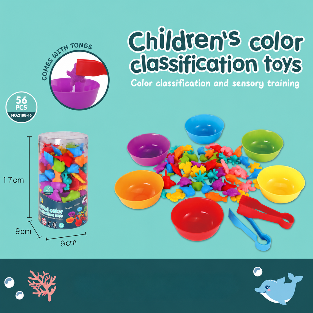 Sea animal counting figures with six colored bowls, two tongs, and a storage tube
