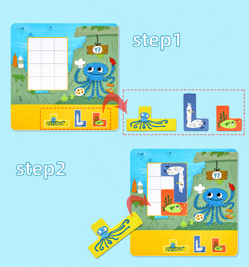 Two-step diagram showing three sea-animal magnetic pieces being fitted into a puzzle grid.