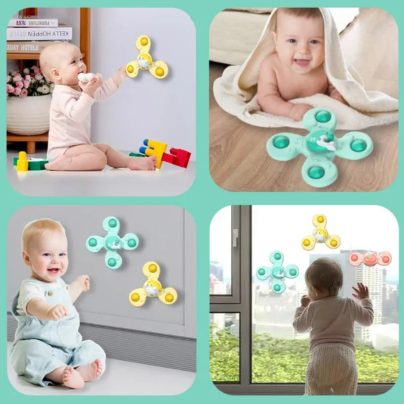 Children playing with ocean-animal spinners on a refrigerator, on the floor and at a window