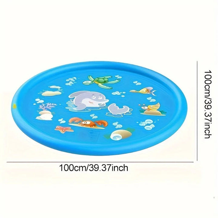 Measurement graphic showing a blue sea animal sprinkler mat with a 100 cm diameter