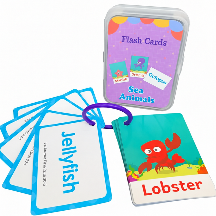 Sea animal flash cards showing jellyfish and lobster, with a ring and storage case.
