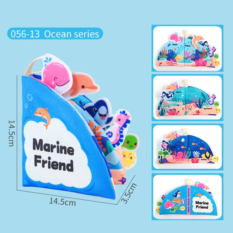 Sea Animals book with ocean scenes and shaped pages, shown measuring 14.5 x 14.5 x 3.5 cm