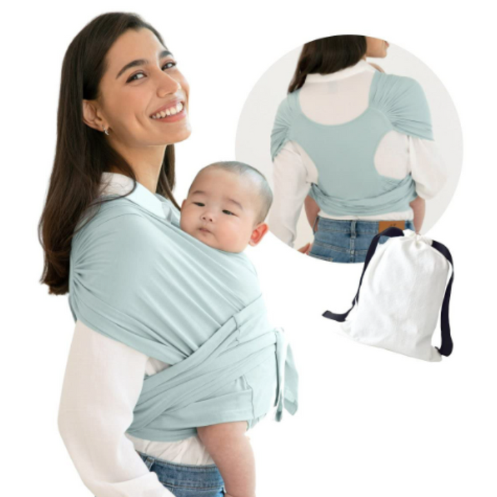 Parent carrying a baby in a pale sea blue carrier, with a back view and drawstring pouch