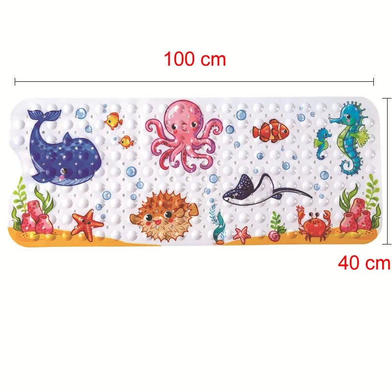 Octopus and sea creature bath mat with 100 cm length and 40 cm width marked