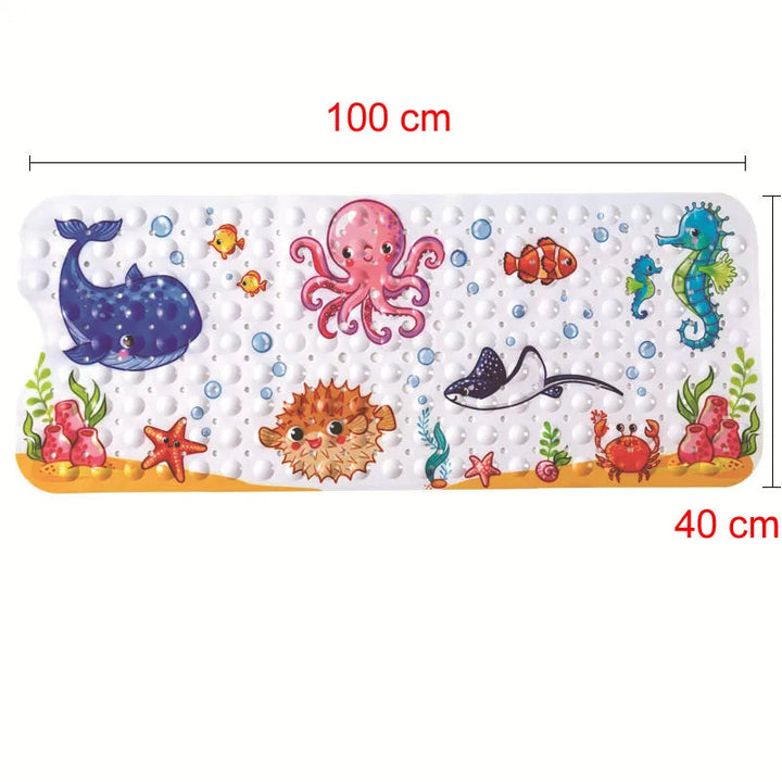 Octopus and sea creature bath mat with 100 cm length and 40 cm width marked