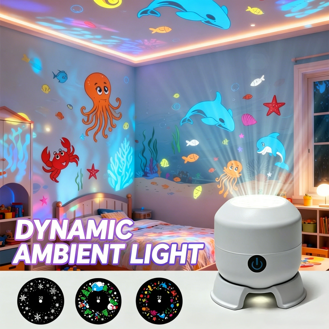 White LED night light with ocean projections across bedroom walls and ceiling and pattern previews below