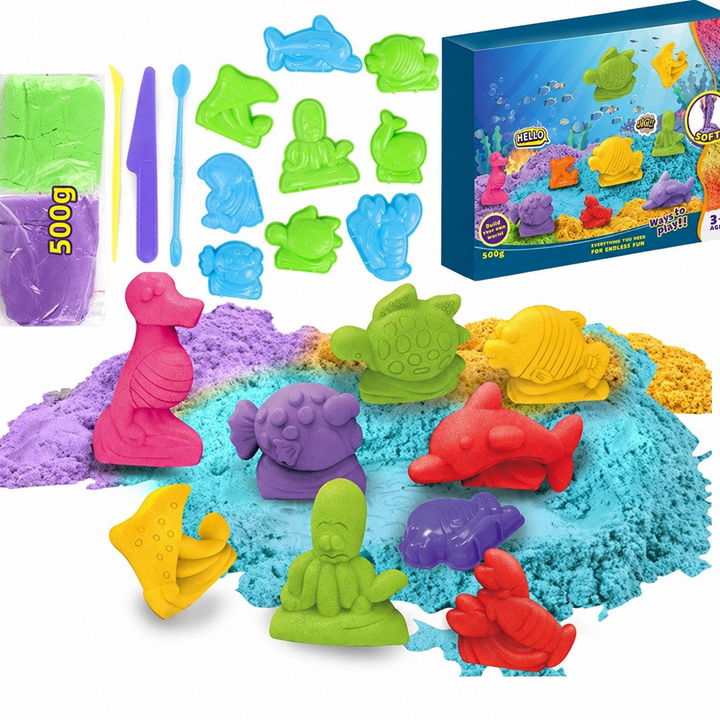 Sea creature sand shapes with matching molds, tools, and play sand