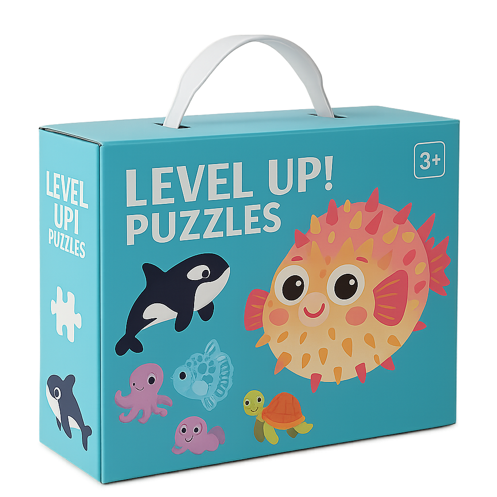 Sea creature puzzle box with pufferfish, orca, turtle, and octopus illustrations