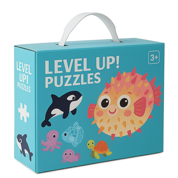 Sea creature puzzle box with pufferfish, orca, turtle, and octopus illustrations
