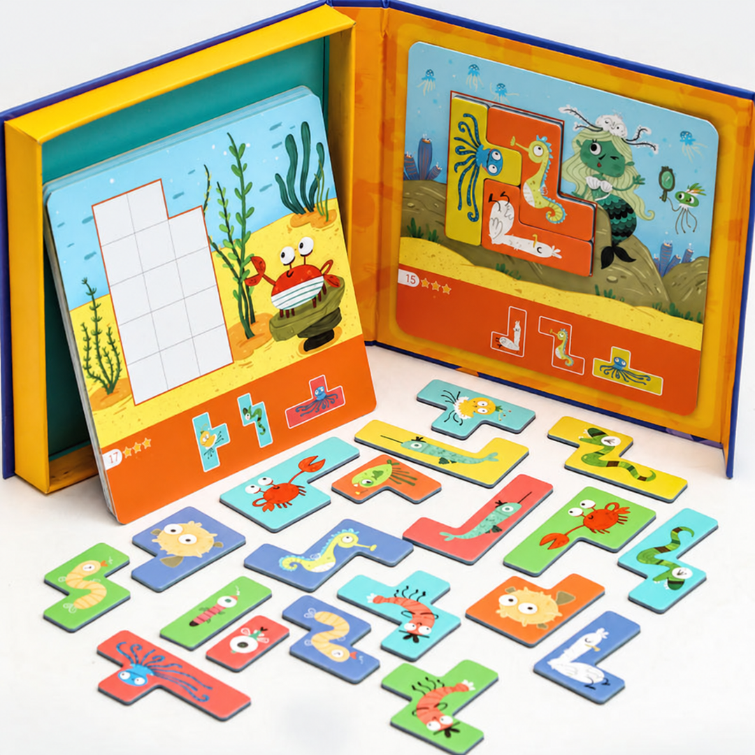 Open sea-animal magnetic puzzle set with a grid board and colorful shaped pieces.
