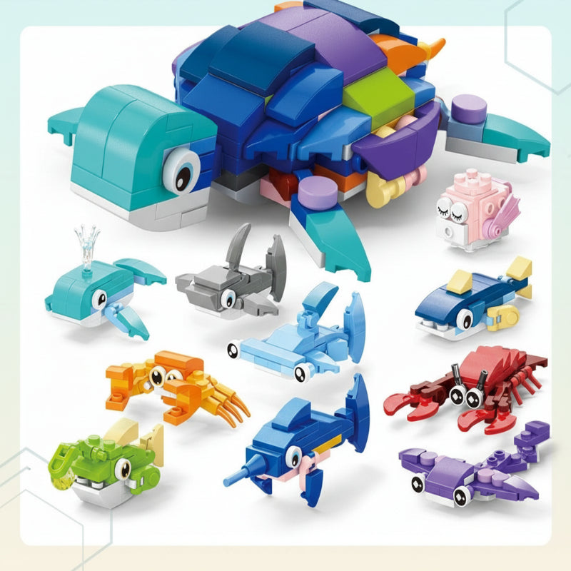 Colorful sea turtle block model surrounded by smaller ocean creature builds
