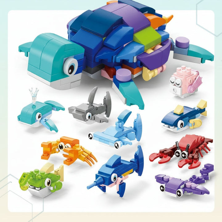 Colorful sea turtle block model surrounded by smaller ocean creature builds