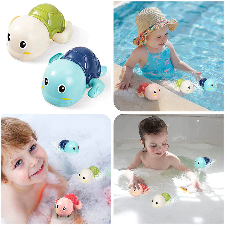 Blue and green turtle toys with children playing in a pool and bubble baths