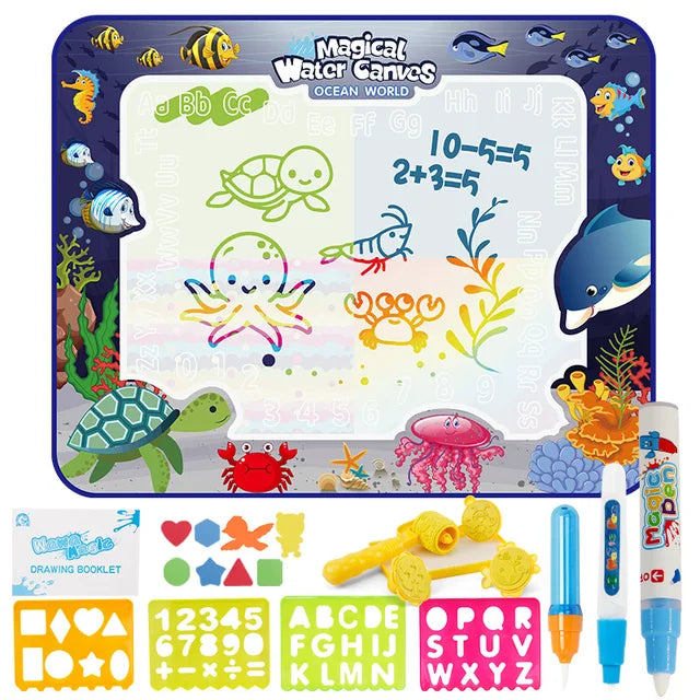 Sea-themed water drawing mat with ocean animal doodles, pens, stencils, a roller, and a drawing booklet