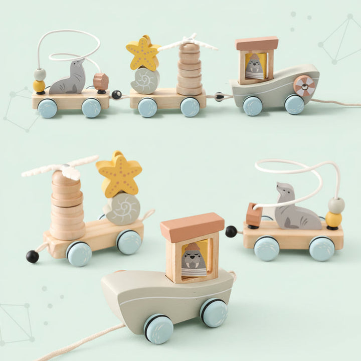 Seal-themed wooden activity train with a bead loop, stacking pieces, and an hourglass