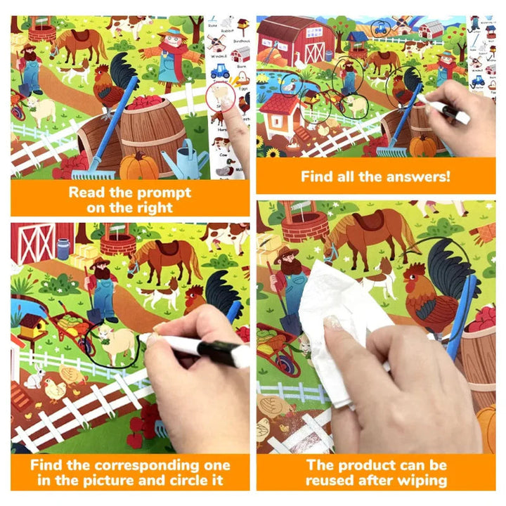 Four-step demonstration of reading a prompt, finding an object, circling it, and wiping the page