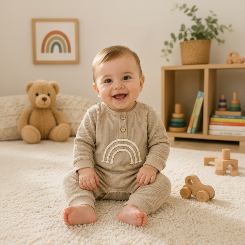 Baby sitting on a rug in a beige long-sleeve rainbow romper