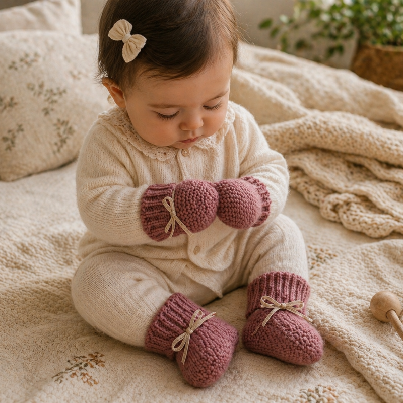 Seated baby wearing pink knitted mittens and matching booties