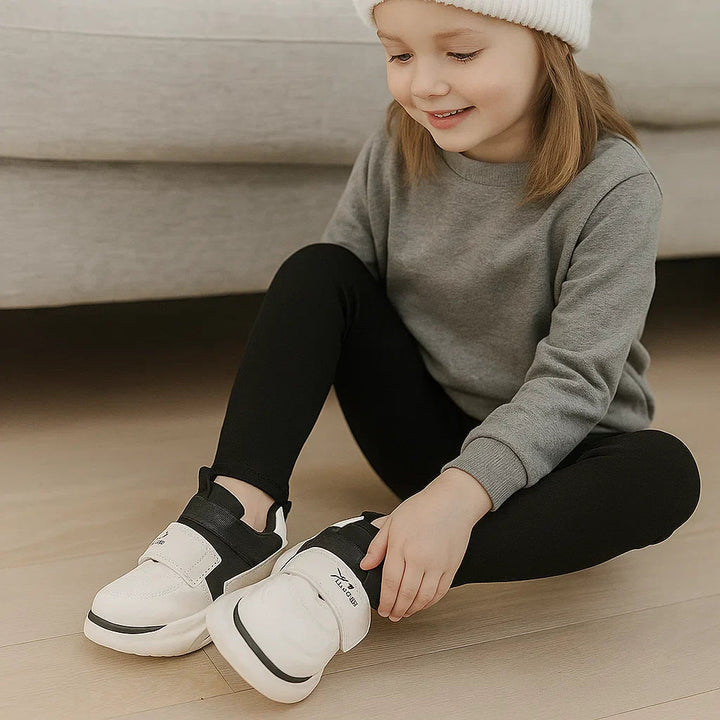 Child sitting beside a couch and adjusting black and white sneakers