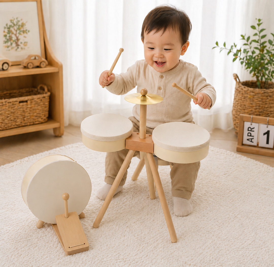 Seated child playing two wooden drums and a cymbal, with a bass drum in front