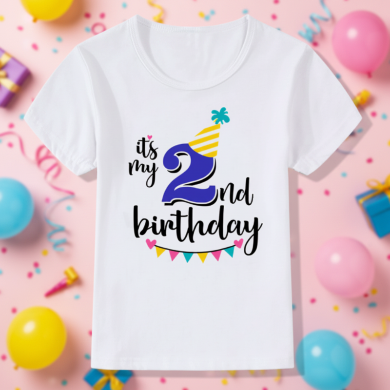 White second-birthday T-shirt with a blue number 2, yellow party hat, and colorful bunting