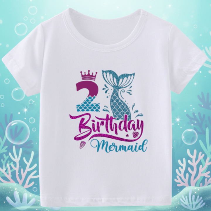 White second-birthday T-shirt with a purple number 2, crown, and teal mermaid tail