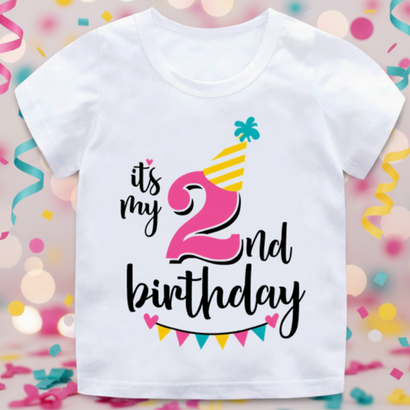 White second-birthday T-shirt with a pink number 2, yellow party hat, and colorful bunting
