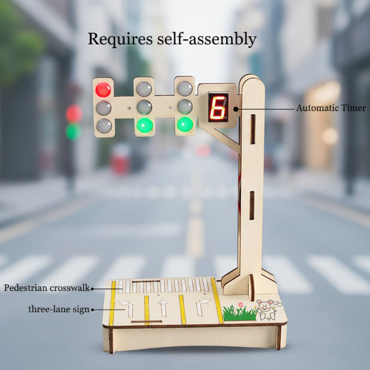 Self-assembly traffic-light model with three signals, a numeric display, and a printed crossing base.