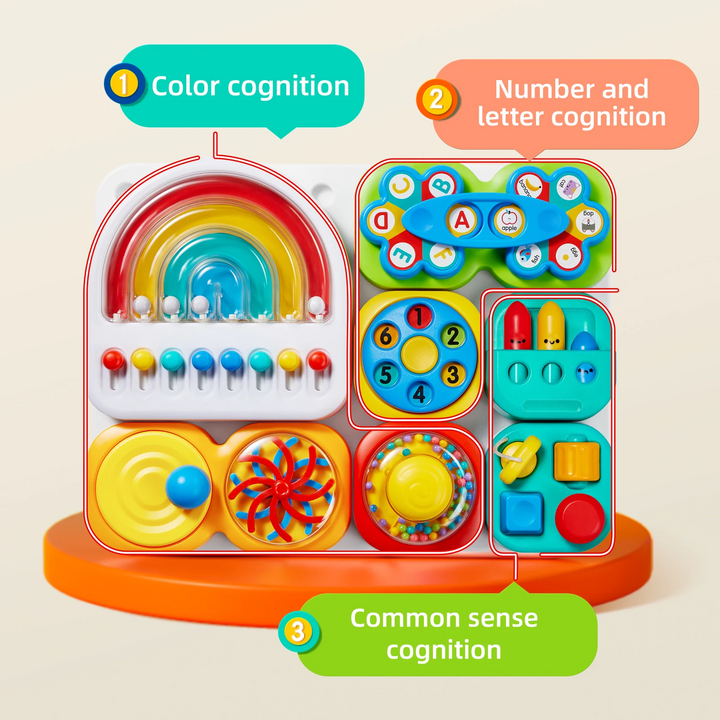 Colorful activity board with callouts for color, letter and number recognition