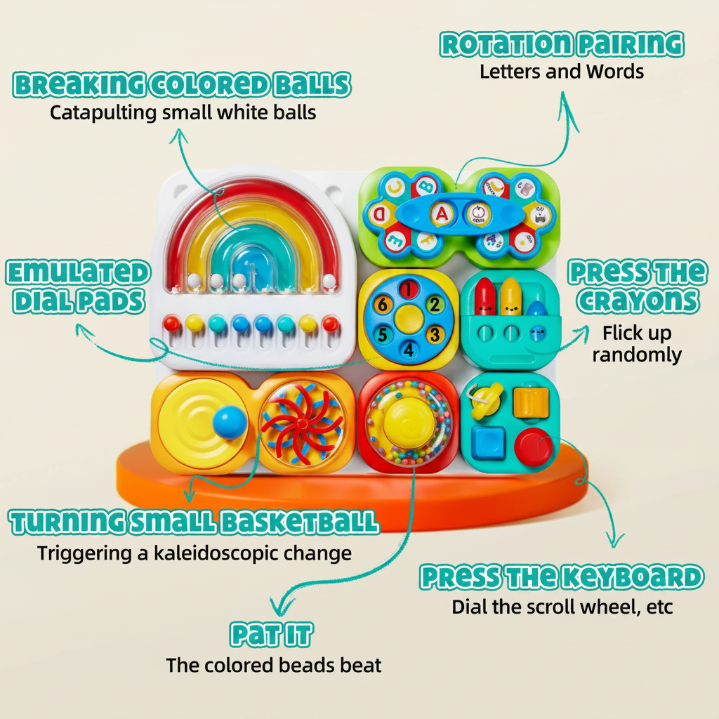 Activity board diagram highlighting the rainbow, letter spinner, number dial and push-button activities