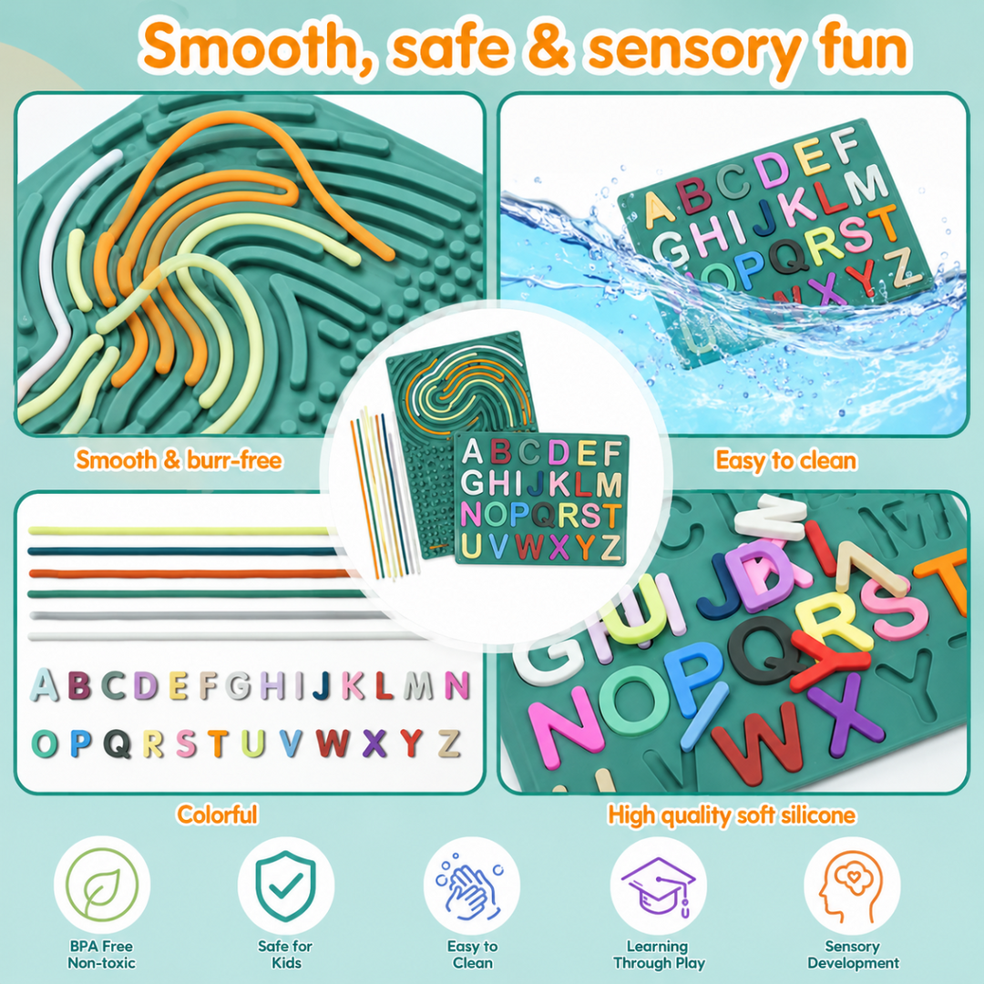 Activity board details showing curved string tracks, removable letters, and a water-cleaning demonstration