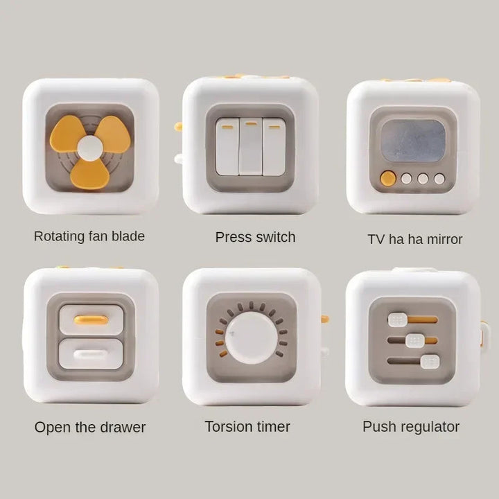 Six activity panels with a spinner, press switches, mirror, drawers, turning dial, and sliders