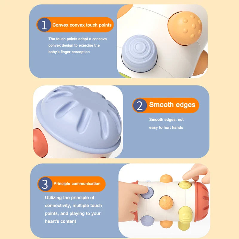 Close-ups of textured buttons, rounded ends, and a hand pressing a button on the sensory roller