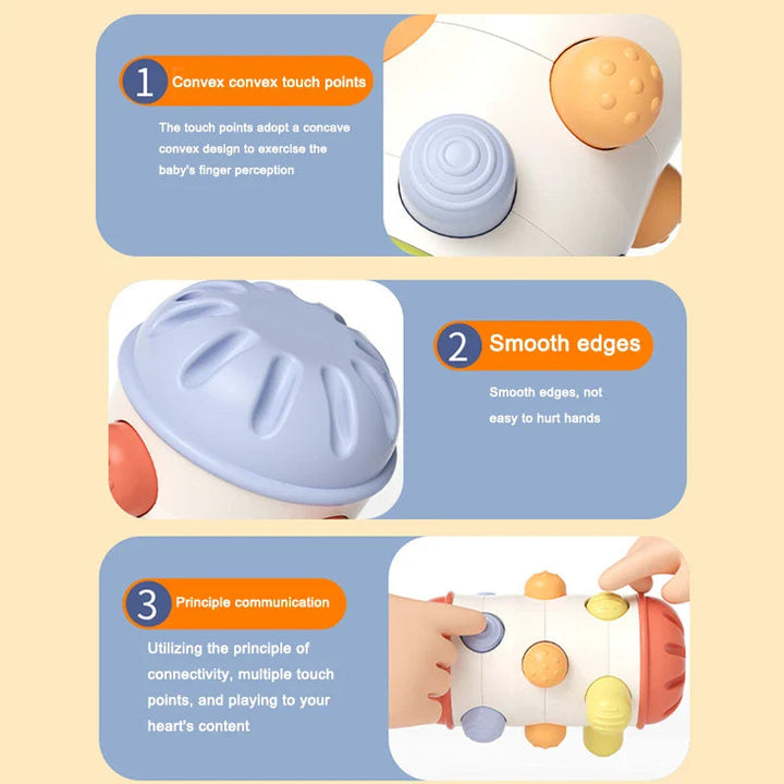 Close-ups of textured buttons, rounded ends, and a hand pressing a button on the sensory roller