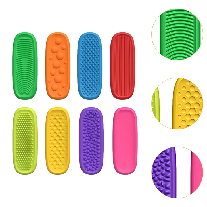 Eight sensory strip designs with close-up views of ridges, small dimples, and raised textures.
