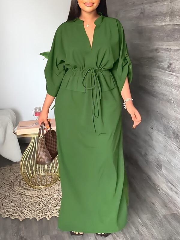 Serena V Neck Drawstring Side Slit Dress Product Image 01