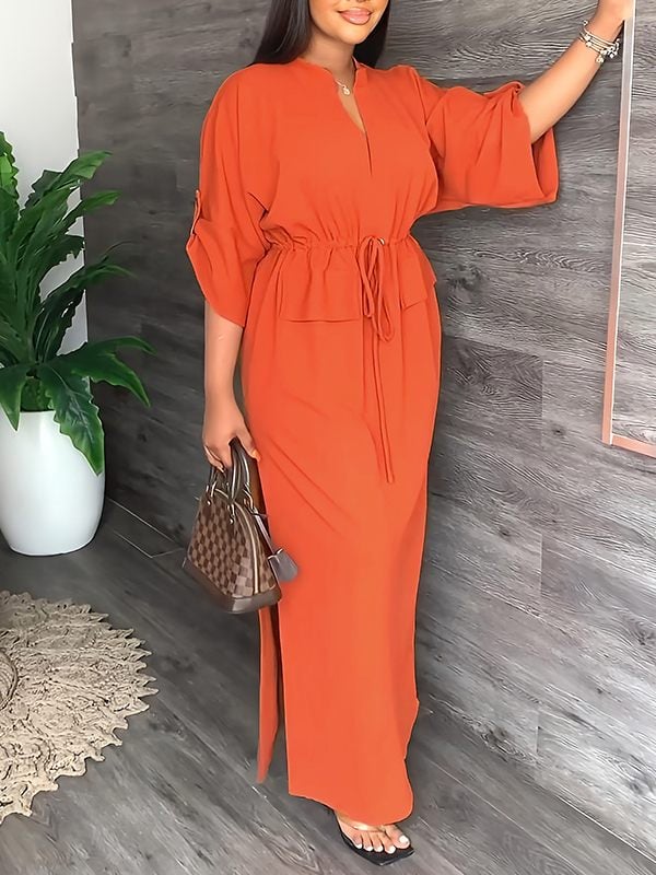 Serena V Neck Drawstring Side Slit Dress Product Image 04