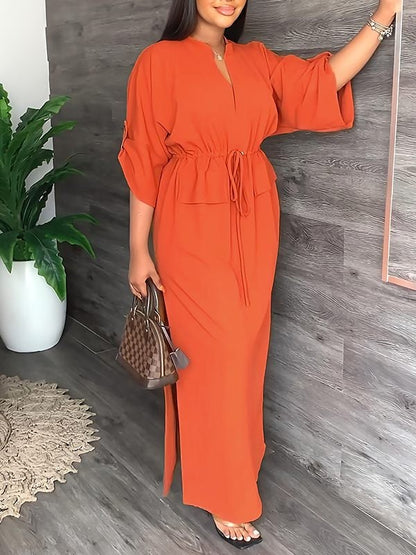 Serena V Neck Drawstring Side Slit Dress Product Image 04