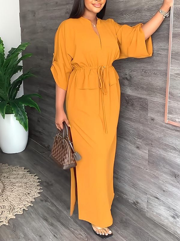 Serena V Neck Drawstring Side Slit Dress Product Image 05