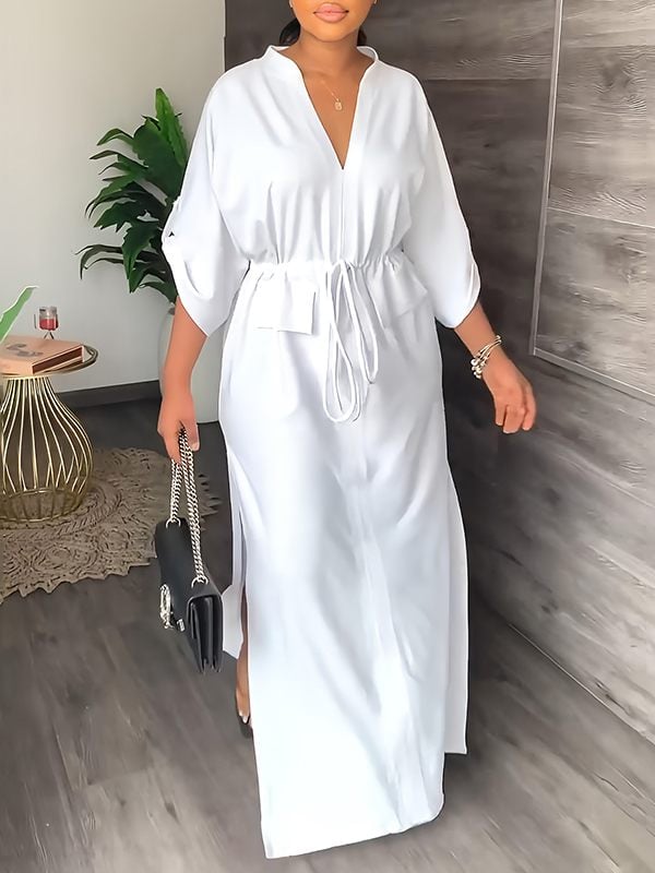 Serena V Neck Drawstring Side Slit Dress Product Image 06