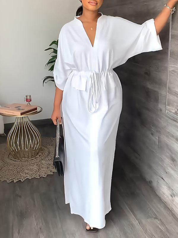 Serena V Neck Drawstring Side Slit Dress Product Image 07