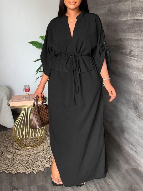 Serena V Neck Drawstring Side Slit Dress Product Image 08