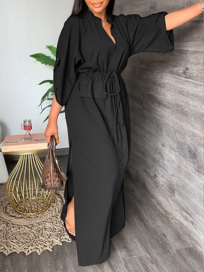 Serena V Neck Drawstring Side Slit Dress Product Image 09