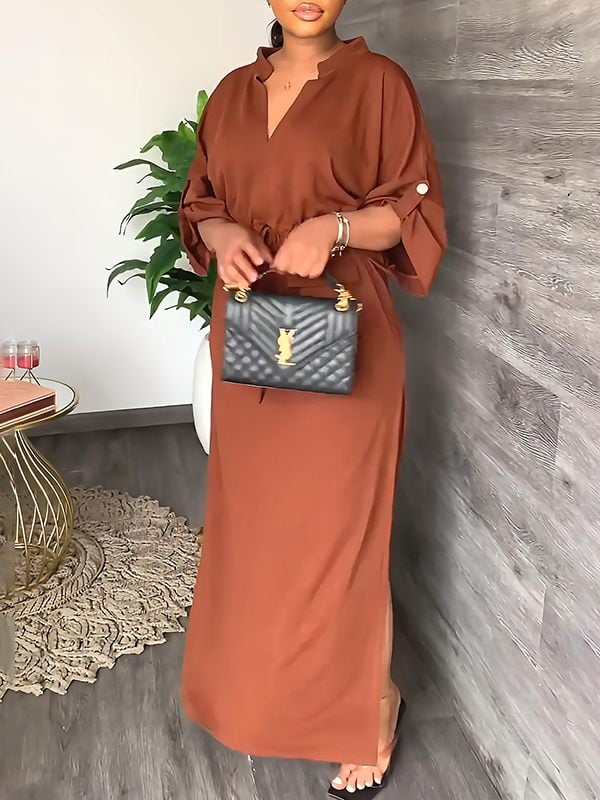 Serena V Neck Drawstring Side Slit Dress Product Image 10