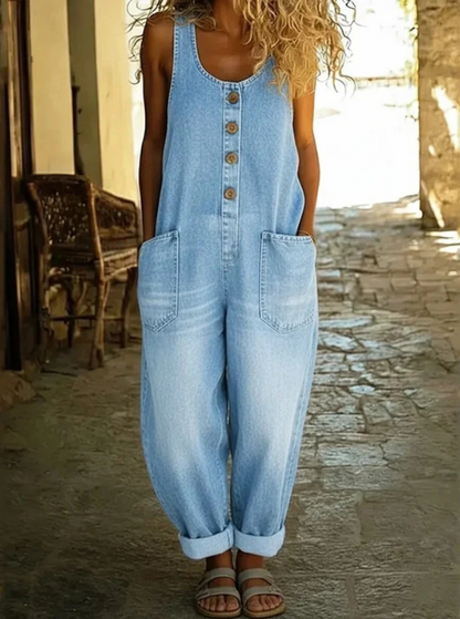 Serene Wide Leg Denim Look Overalls Product Image 03